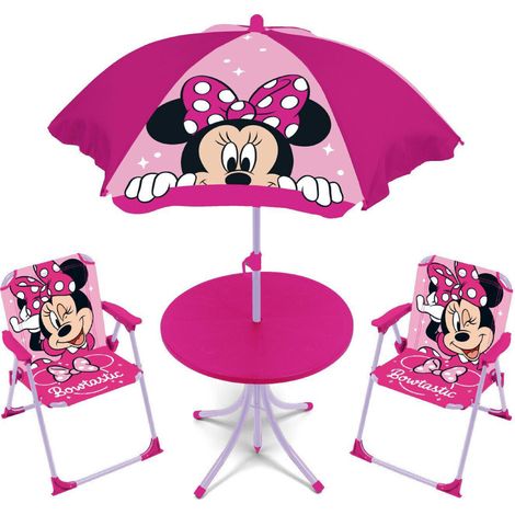 Set de jardin Minnie Fuchsia – 1 table 50x50cm, 2 chaises 38x32cm, parasol 110cm – Structure métal et polyester – Pour enfants – Arditex (1/3)