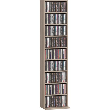 CD- und DVD-Aufbewahrungsschrank mit 9 Fächern und 6 verstellbaren Einlegeböden, maximale Kapazität 260 CDs/120 DVDs, 33 x 24 x 140 cm, Naturholz