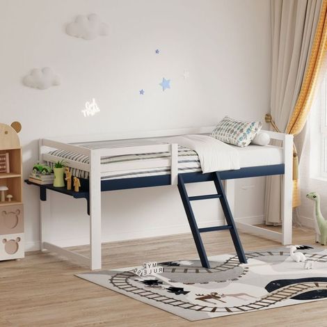 Lit Mezzanine Enfant 90 x 200 cm tablette intégrée Lit Simple pin massif barrière anti-chute échelle fixe blanc et bleu marine (1/5)