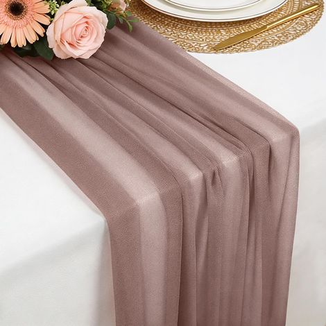 Chemin de table mousseline rose poudré 77x300 cm, doux et confortable, pour mariage bohème, fête, baptême, baby shower ou cuisine. (1/5)