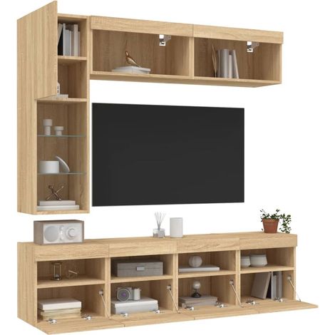Ensemble de meubles TV muraux 7pcs et lumières LED chêne sonoma (1/5)