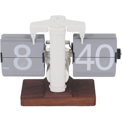 Horloge de bureau numérique à affichage automatique 12 heures, simple face, à piles, style rétro, avec socle en bois, cadre blanc et pages grises. Idéale pour le salon ou le bureau. (1/5)