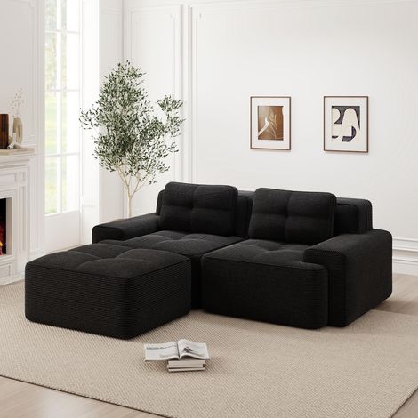 Canapé modulable sans structure, canapé d'angle moderne en forme de L pour salon avec assise profonde, canapé confortable en velours côtelé avec pouf, canapé-lit deux places capitonné, noir