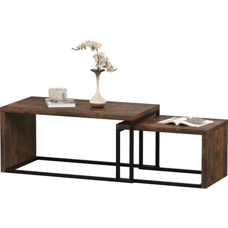 Ensemble de 2 tables basses, tables d'appoint, panneaux de particules, métal, 90 x 48 x 42 cm / 59 x 42 x 36 cm, noir et marron (1/5)