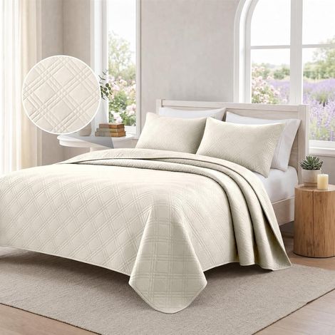 Soft Quilted Bedspread, 180x260cm, Ultrasonic Quilted Bedspread, Modern Geometric Bedspread, for All Seasons, Bedspread for Sofa or Armchair, Beige (1/5)