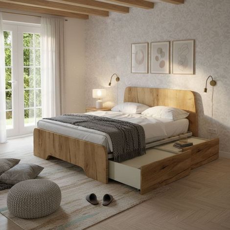Letto matrimoniale 160x200 con testate sagomate e cassettoni - Quercia (1/5)