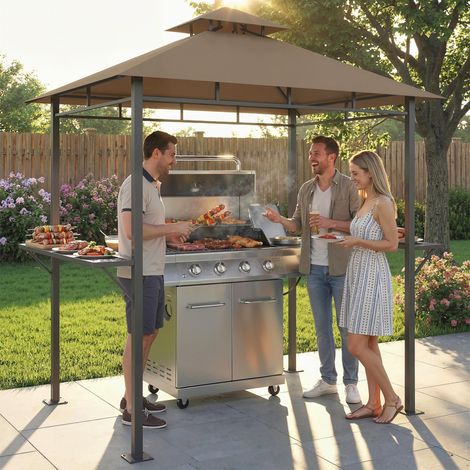 Abri barbecue extérieur. tonnelle de jardin 245x146x255cm en métal. double toit. 2 étagères latérales. marron