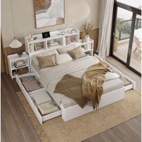 Letto matrimoniale moderno 140x200 cm in MDF bianco con testiera, rete a doghe, 4 cassetti e ricarica Type-C/wireless