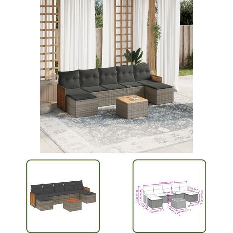 The Living Store 8-tlg. Garten-Sofagarnitur mit Kissen Grau Poly Rattan - Gartensorte - Gartenmöbel Set - Outdoor Möbel - Lounge Set - Rattan Gartenmöbel (1/3)