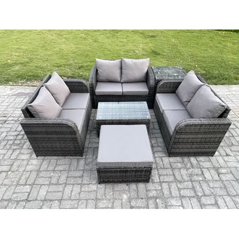 Fimous Ensemble de meubles de jardin en polyrotin 7 places avec Table basse rectangulaire Canapé d'amour Grand tabouret Table d'appoint Gris foncé mixte (1/5)