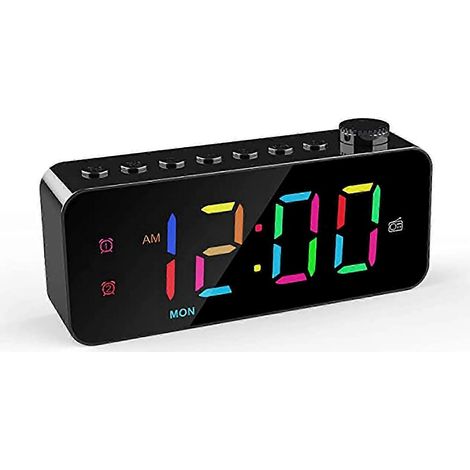Radio-réveil numérique RGB avec grande surface, luminosité et volume réglables, double alarme avec mode semaine/week-end (noir) (1/5)