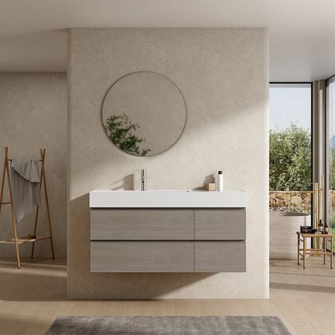 Mobile bagno sospeso 120 cm Beige Lavabo a Sinistra in Resina Specchio Tondo - Fiji Wood (1/4)