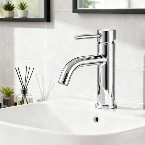 Océan Robinet de salle de bain mitigeur monocommande lavabo, acier inoxydable 304, 175mm hauteur basse, eau chaude/froide réglable, finition chromé