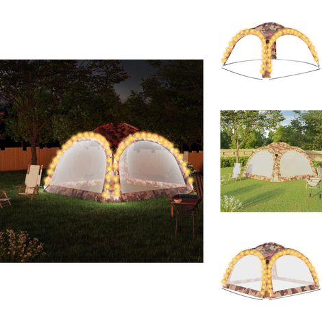 Tente de réception avec LED et 4 parois 3,6x3,6x2,3m Camouflage - Tente De Réception - Abri Extérieur - Parasol - Jardin - Fête (1/5)