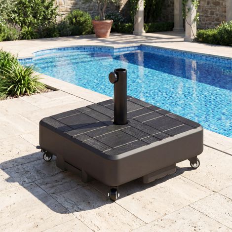 Base quadrata per ombrellone, supporto per ombrellone da esterno con ruote, riempibile con 35 kg di sabbia o 28 L di acqua, 48 x 48 x 38,5 cm, nero.