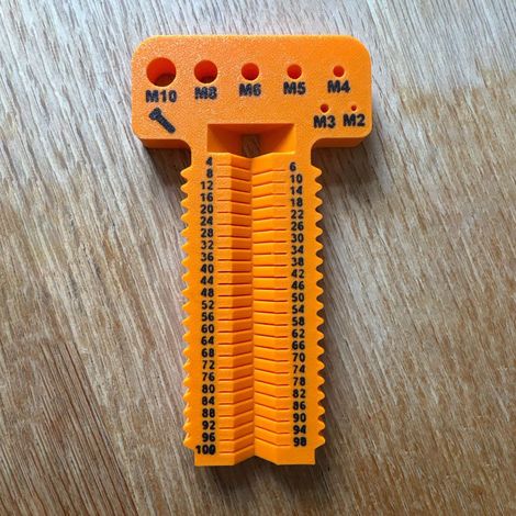 Schraubenmesswerkzeug M2-M10+L4-100mm. Dieses Werkzeug misst metrische Schrauben von M2 bis M10 mit einer Länge von 4 bis 100 mm. – Orange-Gelb