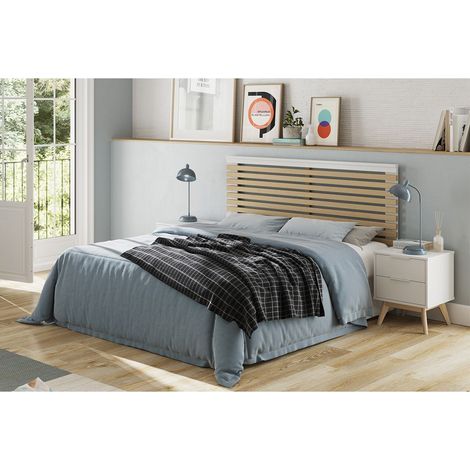 LAUPELL - Pack Lit 140x190cm + 2 Chevets 2 Tiroirs Pin Naturel et Blanc Scandinave (1/5)