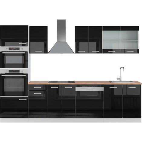 Mueble de cocina R-Line, Negro brillo/blanco, 300 cm con armario alto, ET Roble, Vicco