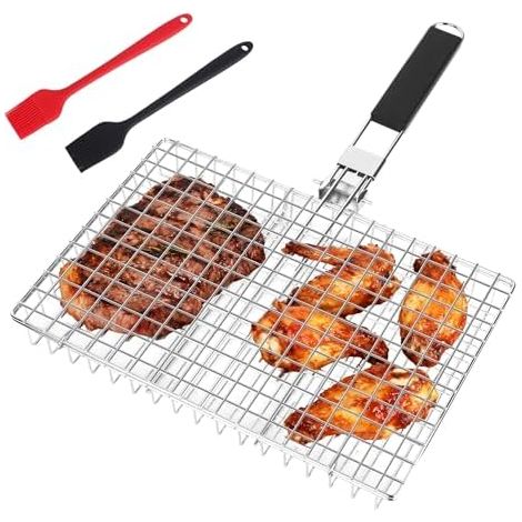 Panier Grille Barbecue en Acier Inoxydable,Grille de barbecue pliable avec 2 brosses en siliconem,Panier de barbecue avec poignée amovible Pour le camping et les grillades,poissons,légumes,crevettes (1/5)