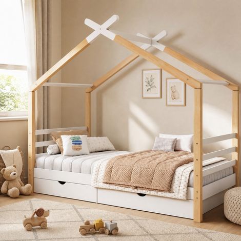 Letto a casetta bimbi 90x200 cm in pino/MDF bianco con cassetti, senza materasso – MEUBLIV (1/5)