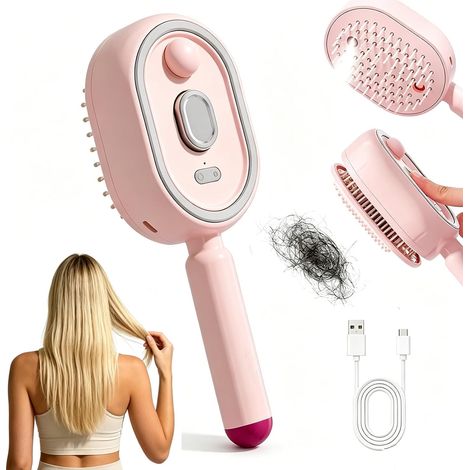 Nouvelle brosse de massage électrique à coussin d'air avec brumisation, brosse anti-nœuds 5 en 1 pour cheveux secs et frisés, brosse autonettoyante pour cheveux brillants (rose) (1/5)
