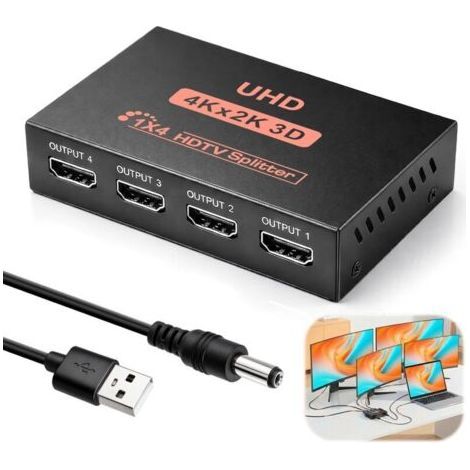 Splitter 1 Input 4 Outputs 4K Splitter 4 Ports 3D 1080P Duplicate Mirror Screen Support for PC Laptop HDTV Projector DVD Player Projectors Box PS4 PS3 Blu-Ray STB (1/5)