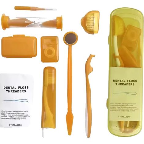 Kit de cuidado bucal ortodóncico, diseño portátil, instrumental dental completo, color naranja. (1/2)
