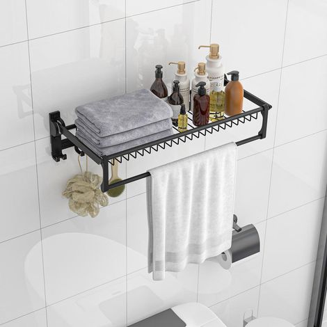 Aluminium spatial étagère murale porte-serviettes, barre réglable et crochets mobiles, pour salle de bain buanderie (1/5)