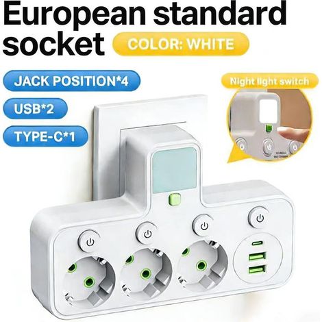 Adaptateur multiprise EU 4 prises + USB, veilleuse LED 3 couleurs, interrupteurs indépendants, 2500W,Blanc (1/5)