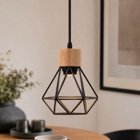 Suspension industrielle géométrique en fer et bois, design rétro noir, hauteur 18cm, câble 100cm, idéale pour cuisine ou chambre (1/4)