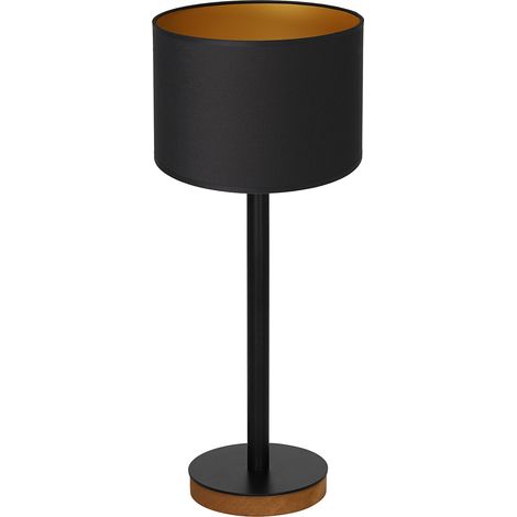 Lampe de table noire or, base bois, E27 56cm Luminex