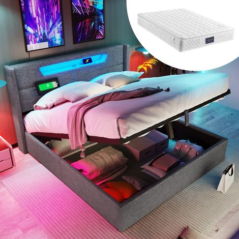 Lit double LED 160x200 rembourré, rangement, charge USB-C, lin, sommier inclus - Lit jeune adulte Gris (avec matelas) (1/5)