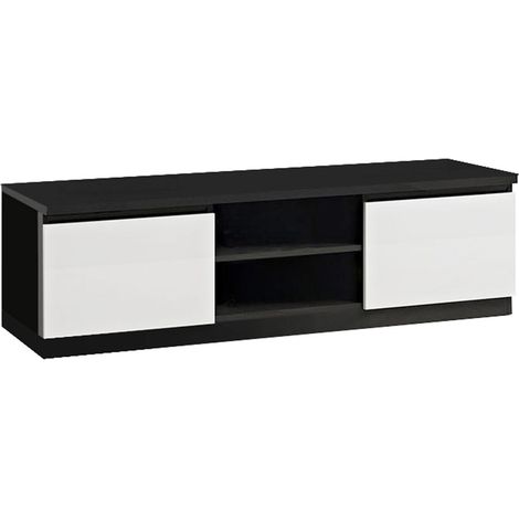 DEYTON - Meuble TV 2 Portes Laqué Noir et Blanc Brillant (1/3)