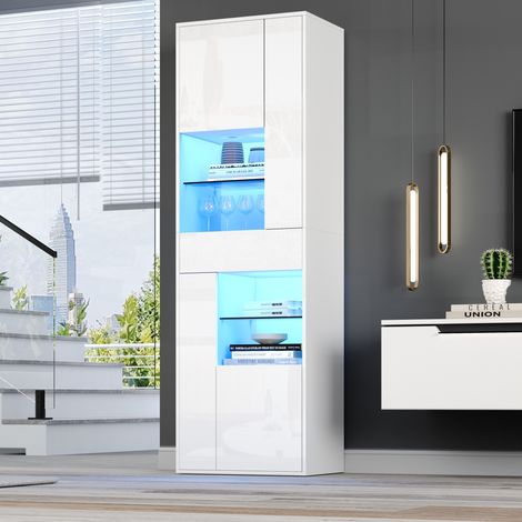 Vitrina alta de salón 55x38x170 cm, 1 cajón, 4 armarios, LED, alto brillo, aglomerado blanco (1/5)