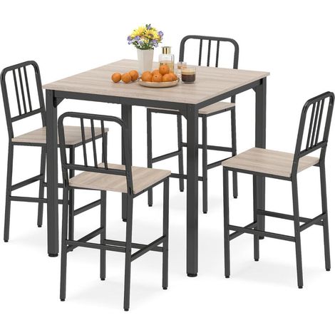 Pour 4 personnes, tabourets rangés sous la table, ensemble table bar carrée 90 x 90 cm gris et noir (1/5)