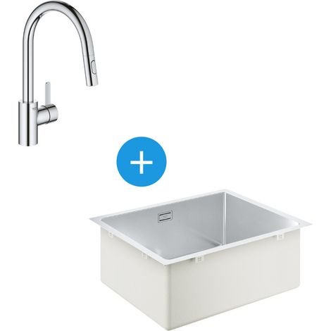 Grohe Kit K700 Küchenspüle Unterbau 540x440mm Edelstahl + Mischbatterie Ausziehbare Handbrause 2-Strahl (31574SD1-SET5)
