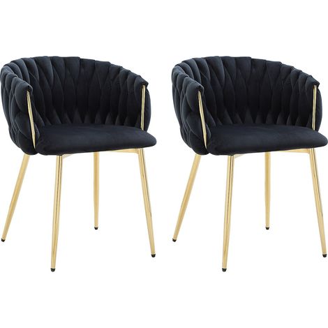 Vente-Unique – Lot de 2 chaises avec accoudoirs en velours noir – Métal doré – Dossier enveloppant – Garnissage mousse polyuréthane – Charge max 130 kg (1/4)
