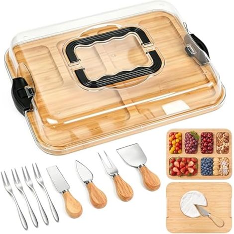 Planche à Fromage en Bambou avec Couvercle Planche de Charcuterie avec Couvercle avec 4 Couteaux + 4 Fourchettes Plateau à Fromage en Bambou pour Apéro, Pique-Nique, Tapas – Idée Cadeau (1/5)