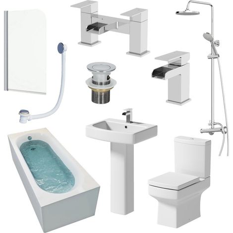 Complete Bathroom Suite 1500mm Shower Bath Toilet Basin Pedestal Taps Screen (1/5)