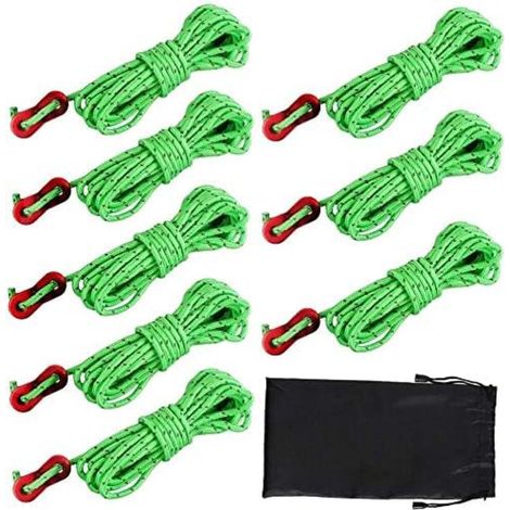 8PCS Corde Tente Camping avec Tendeurs de Tente,4mmx4m,Corde de Tente Réfléchissante Corde Camping Corde en Nylon pour Le Camping Randonnée Auvent Tente (1/5)