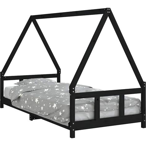 Lit simple Cadre de lit pour enfants noir 90x200 cm bois de pin massif (1/5)