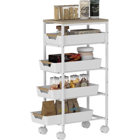 Homcom – Desserte de cuisine 5 niveaux – 4 tiroirs coulissants – Surface effet bois – Roulettes avec freins – Dimensions 39,5l x 24P x 82H cm
