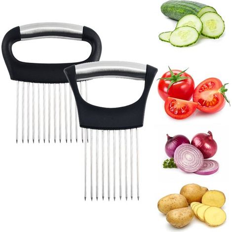 Paquete de 2 cortadores de cebolla de acero inoxidable, asistente de cocina, cortador manual de verduras, cebollas, patatas, tomates y limones (1/5)
