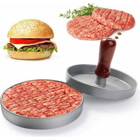 Presse à hamburger, presse à hamburger de cuisine à viande hachée, manche en bois, presse à hamburger antiadhésive en aluminium pour steak, boulettes de viande à hamburger (12 cm de di (1/5)