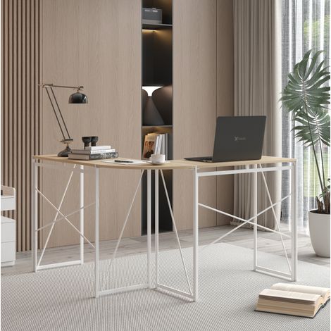 REDOM escritorio esquinero en L, para oficina y estudio, amplio espacio de trabajo, metal y madera, roble blanco (1/5)