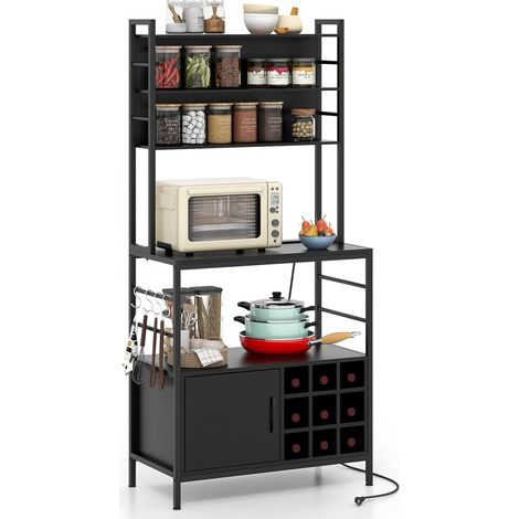 COSTWAY Étagère de Cuisine avec Prises de Courant, Armoire de Bar à Café avec Crochets, Porte-Bouteilles de Vin, Cadre en Métal Robuste, Support pour Micro-Ondes, pour Cuisine (Noir)