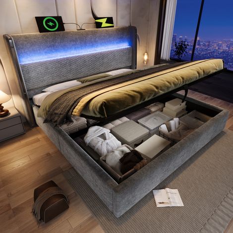 Letto matrimoniale 180x200 cm grigio in lino con contenitore idraulico, LED e porte USB/Type-C (1/5)