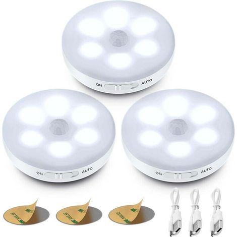 Lot de 3 lampes LED automatiques avec détecteur de mouvement, 3 modes Auto/On/Off, recharge USB, sans fil, pour cuisine, couloir, placard, escalier (1/4)