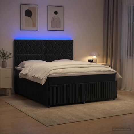 Lit boxspring LED avec matelas Noir 180 x 200 cm Velours (1/5)
