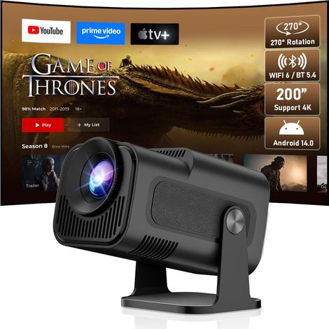 Mini Vidéoprojecteur Portable 4 K 1080P avec WiFi6 BT5.4, Vidéoprojecteur Portable, Correction Automatique et Mise au Point Manuelle, Compatible avec PC/TV Stick/USB/PS5, Noir (1/5)